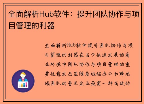 全面解析Hub软件：提升团队协作与项目管理的利器